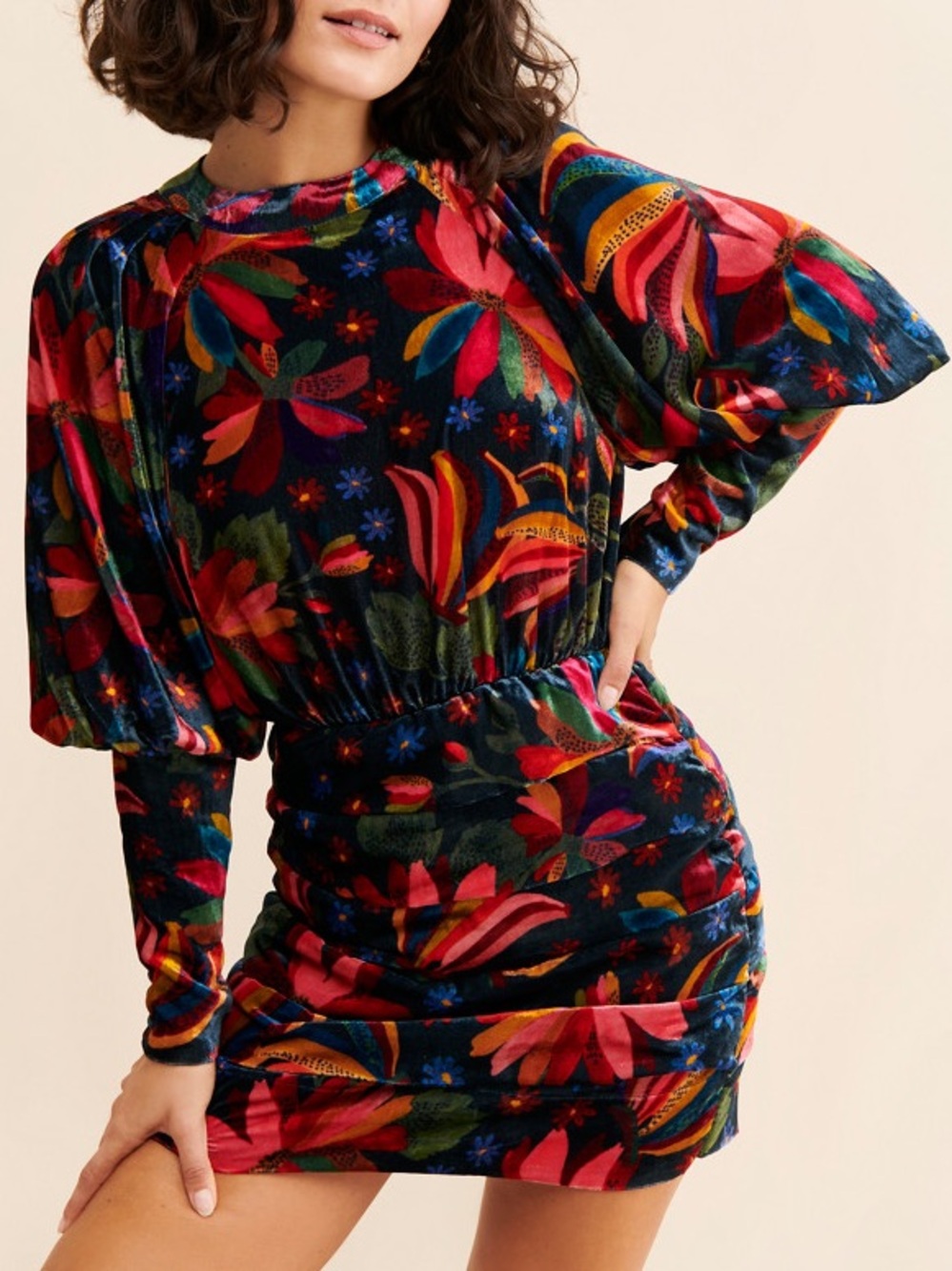 Farm Rio Banana Sky Long Sleeve Velvet Mini Dress